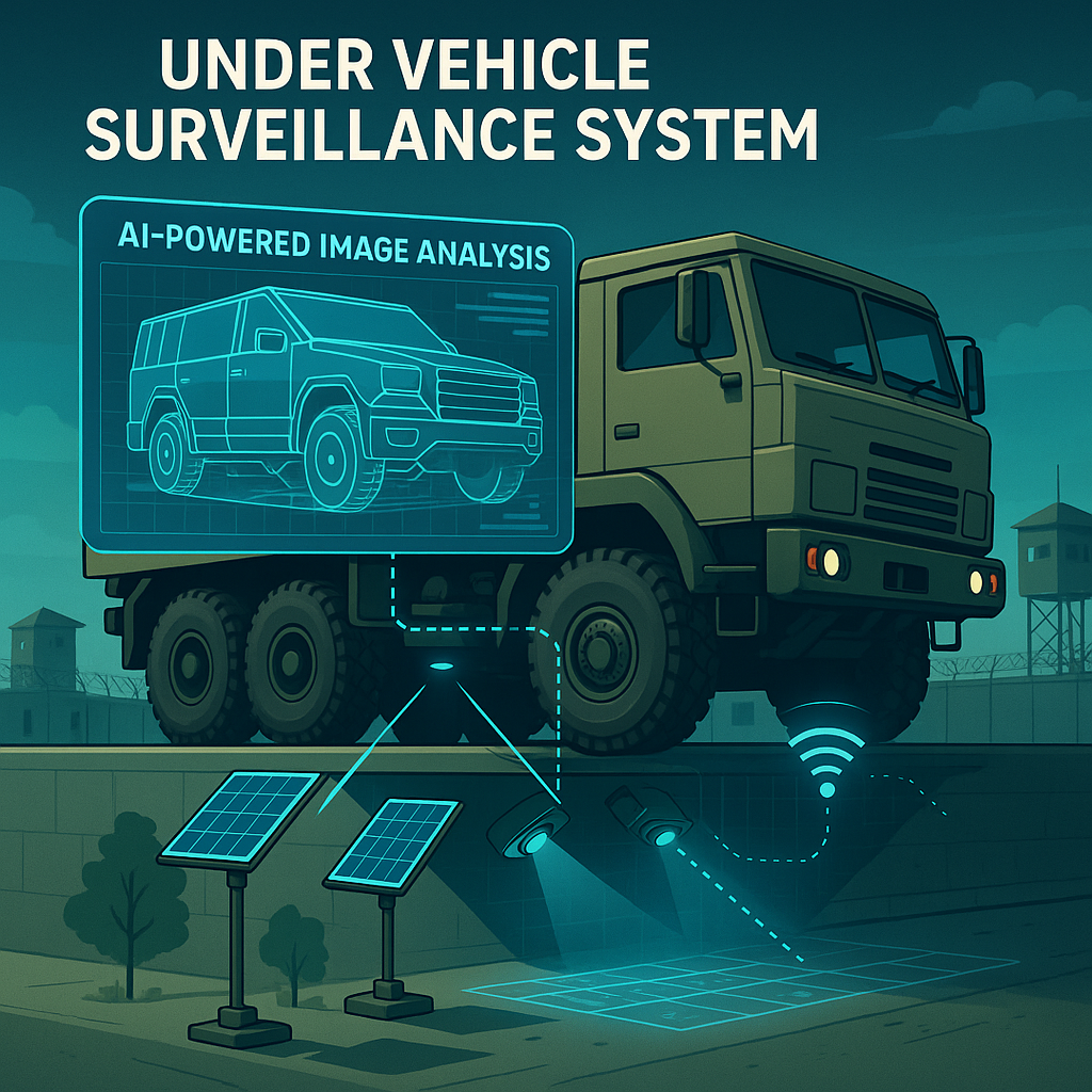 AI-powered Under Vehicle Surveillance System with eco-cameras and real-time data transmission at a military checkpoint.