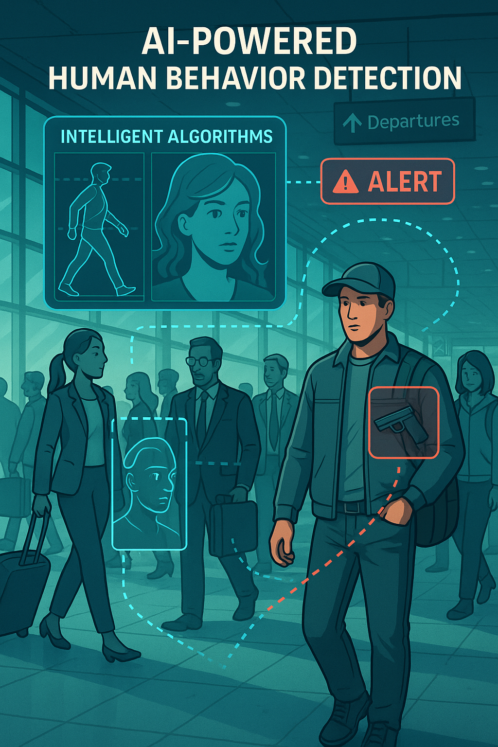 AI system interface in an airport analyzing crowd behavior, tracking movements, facial expressions, and flagging concealed weapons with alerts.