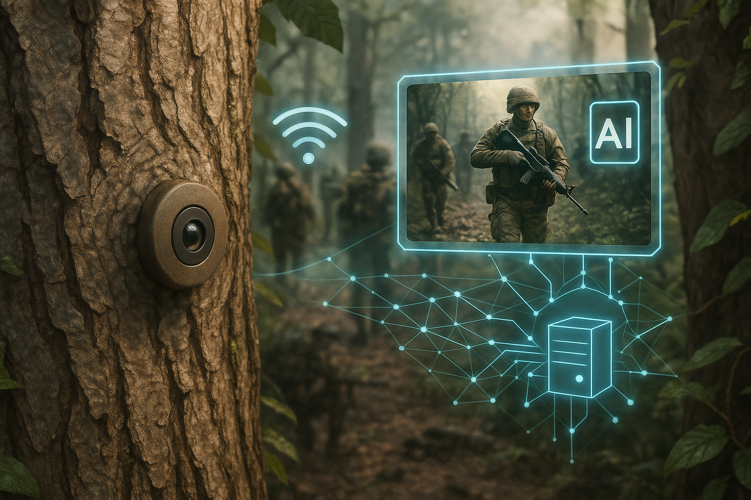 Camouflaged button-sized stealth camera on a tree trunk in a battlefield, with Wi-Fi mesh visualization and AI identifying intruders.