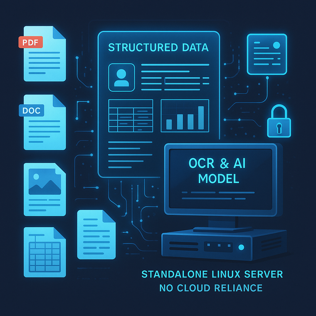 Advanced OCR and AI models extracting structured data from PDFs, DOCs, and images onto a secure, standalone Linux server.
