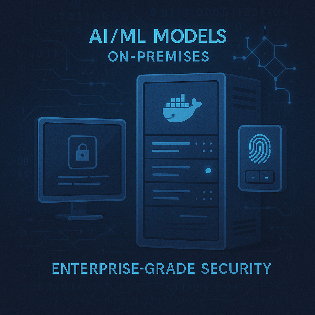 AI/ML models in Docker containers within a secure on-premise server room, featuring quantum encryption and biometric authentication visuals.
