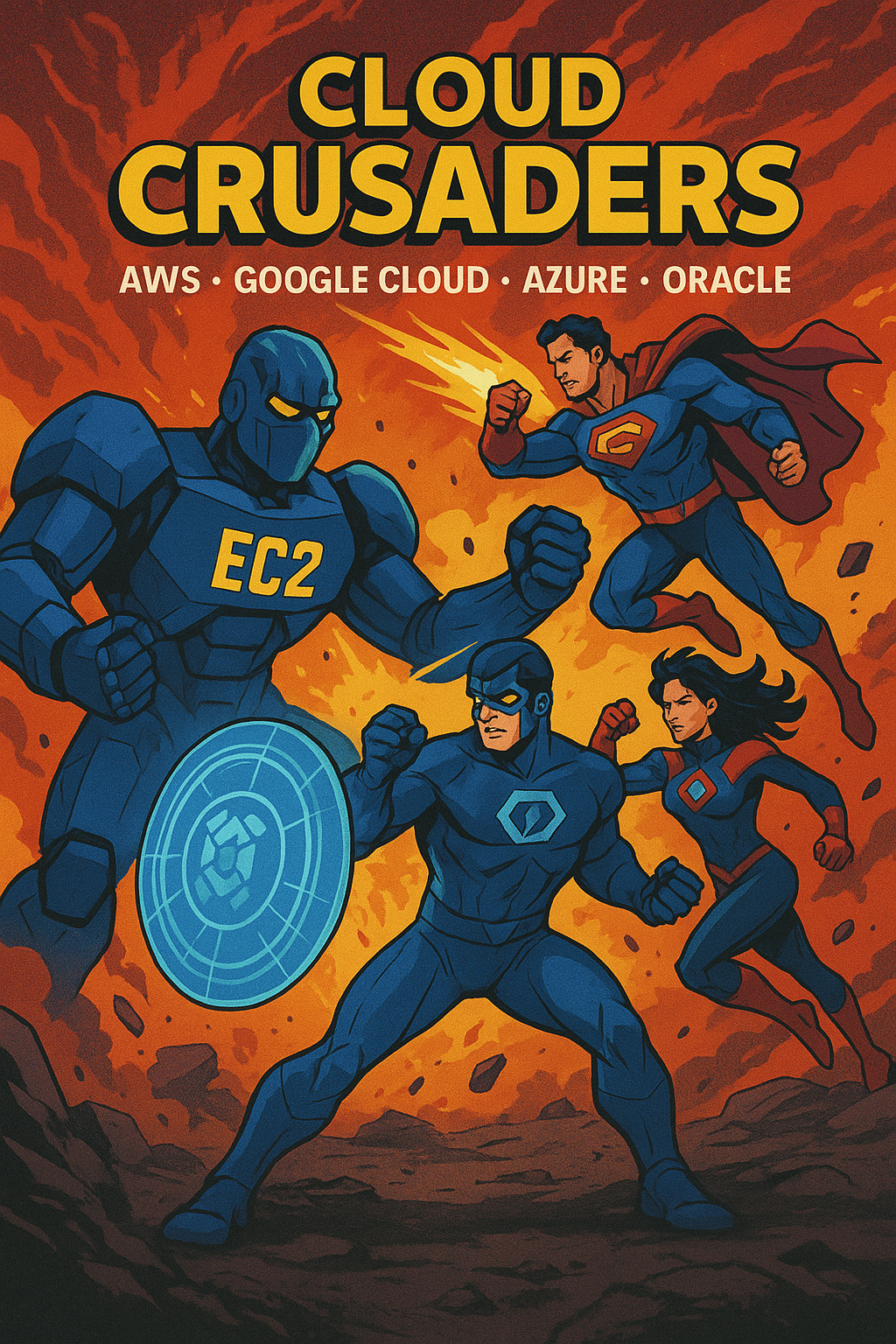 Vibrant comic book cover of 'Cloud Crusaders' with superhero avatars for AWS, Google Cloud, Azure, and Oracle Cloud in a tech battle.