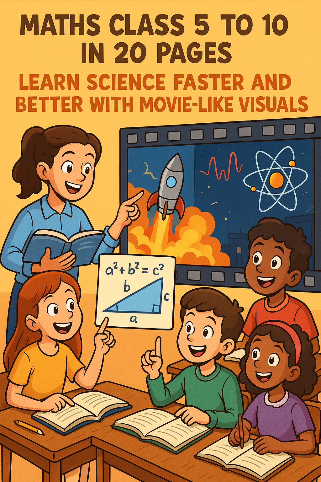 Engaging illustration of young students learning math and science with simplified visual aids and movie scene explanations.